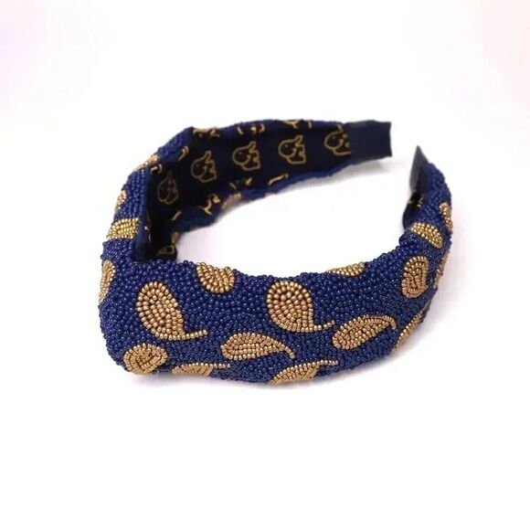 Beaded Headband - Handmade Embellished Headband - Paisley Headband - BLUE GOLD - Picture 1 of 3
